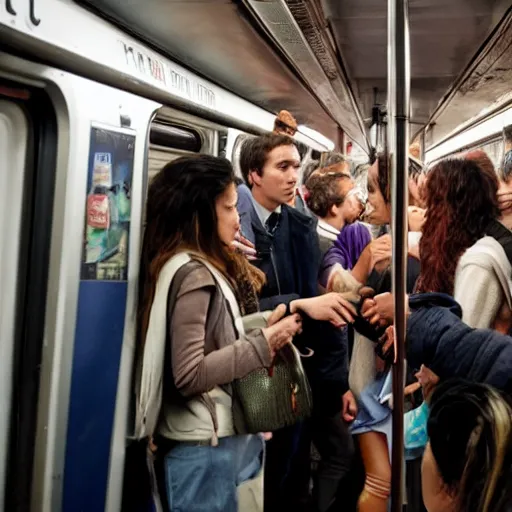 Prompt: A group of friends talking while standing inside a crowded compartment of the New York metro with people in Halloween costumes, cinematic, 4k, thriller