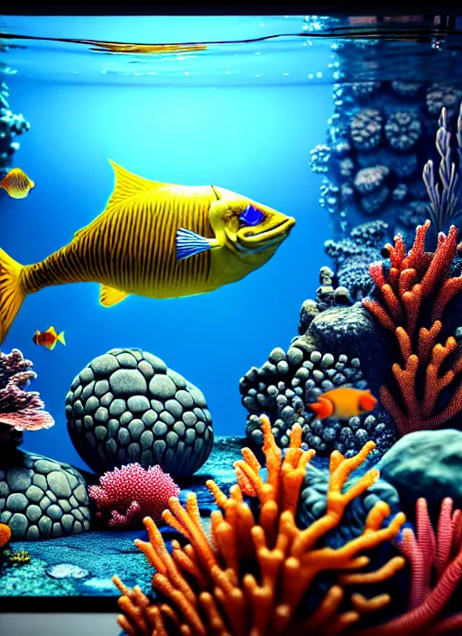 Image similar to hyperrealism, detailed textures, photorealistic 3 d render, an underwater scene with brightly coloured fish & coral, ultra realistic, ultra high pixel detail, cinematic, intricate, cinematic light, octane render, concept art, illustration, art station, unreal engine 8 k