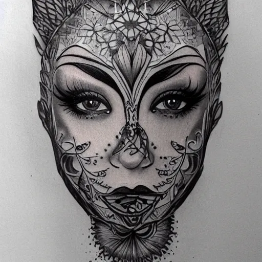 Image similar to tattoo design of a beautiful girl face, hyper detailed, in the design of eliot kohek