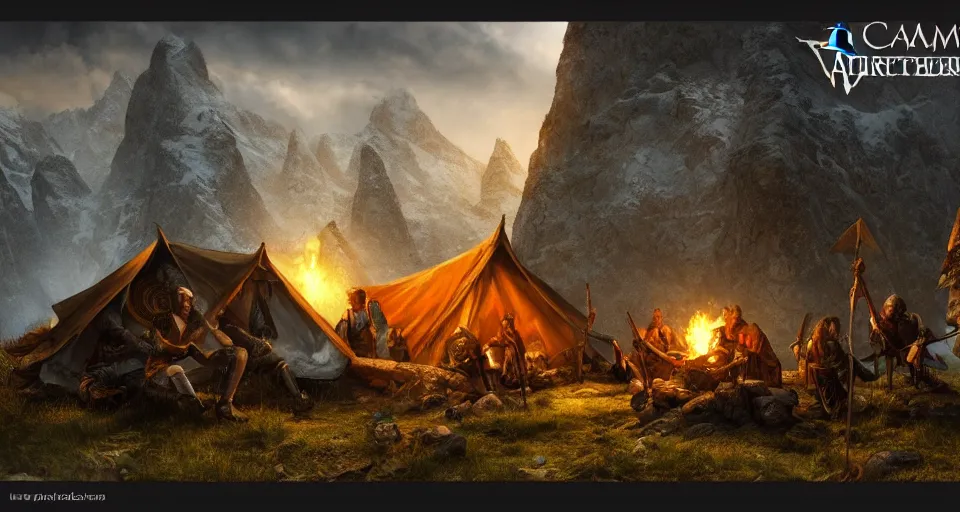 Image similar to an epic fantasy adventurer's camp with a hide tent 4 k, extremely detailed. award winning, trending on artstation, 8 k, ultra wide angle