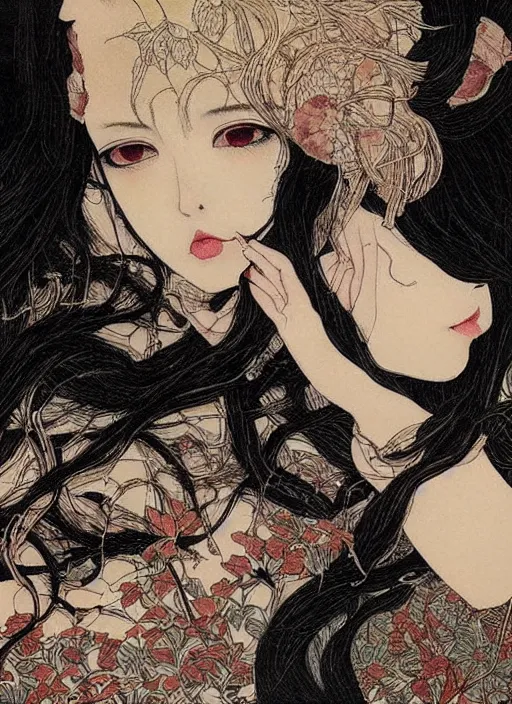 Prompt: pop surrealism, hyper realism, muted colors seductive female venus, cute girl, long hair, art by takato yamamoto, trevor brown