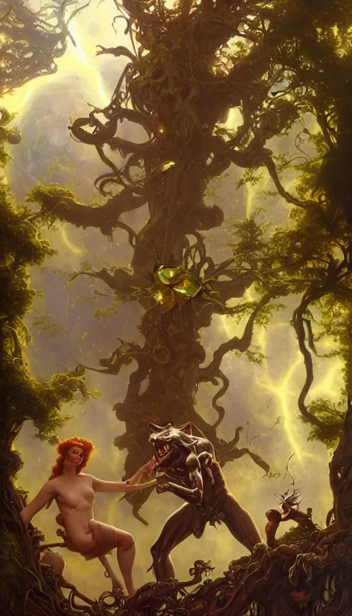 Image similar to hyper realistic aliens battling a golden goddess, lush plants, kittens, full moon, light rays, gnarly trees by tom bagshaw, mucha, gaston bussiere, craig mullins, j. c. leyendecker 8 k