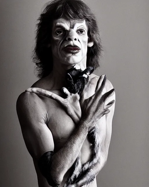 Prompt: actor Mick Jagger in Elaborate Pan Satyr Goat Man Makeup and prosthetics designed by Rick Baker, Hyperreal, Head Shots Photographed in the Style of Annie Leibovitz, Studio Lighting