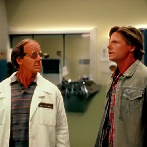 Prompt: marty and doctor brown from back to the future, cinematic, low lighting, anomorphic lense