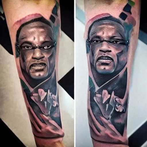 Prompt: flash photo of a tattoo on a man’s arm that looks like Will Smith as the terminator