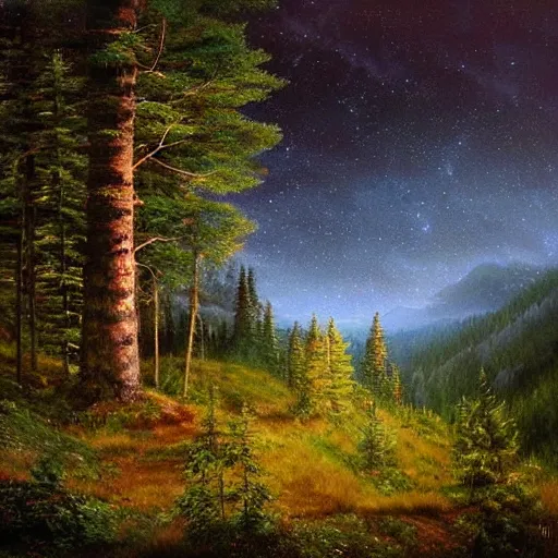 Prompt: incredible scenery mountainscape picturesque forest woods at night countryside beautiful stars stars in the sky by james gurney artstation hyperrealism photo - realistic lifelike photography photorealistic