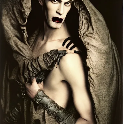 Image similar to head and shoulders vogue fashion photo portrait of a male vampire, d & d, fantasy, medieval castle, year 1 1 8 9, annie liebovitz