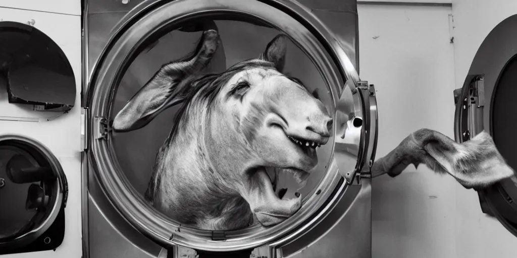 Image similar to a hyper stylised photograph of a man turning into a donkey, he has teeth growing from his eyes and he is spinnig inside a tumble dryer. his body has melted and has dribbled out onto the floor.