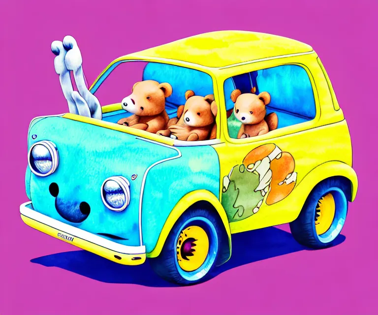 Prompt: cute and funny, koalabear with fuzzy ears riding in a tiny hot rod with an oversized engine, ratfink style by ed roth, centered award winning watercolor pen illustration, isometric illustration by chihiro iwasaki, edited by range murata, tiny details by artgerm and watercolor girl, symmetrically isometrically centered, sharply focused