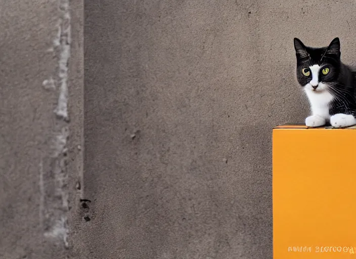 Image similar to photography of a Cat sitting on a box. in a cyberpunk street, award winning photo, 100mm, sharp, high res