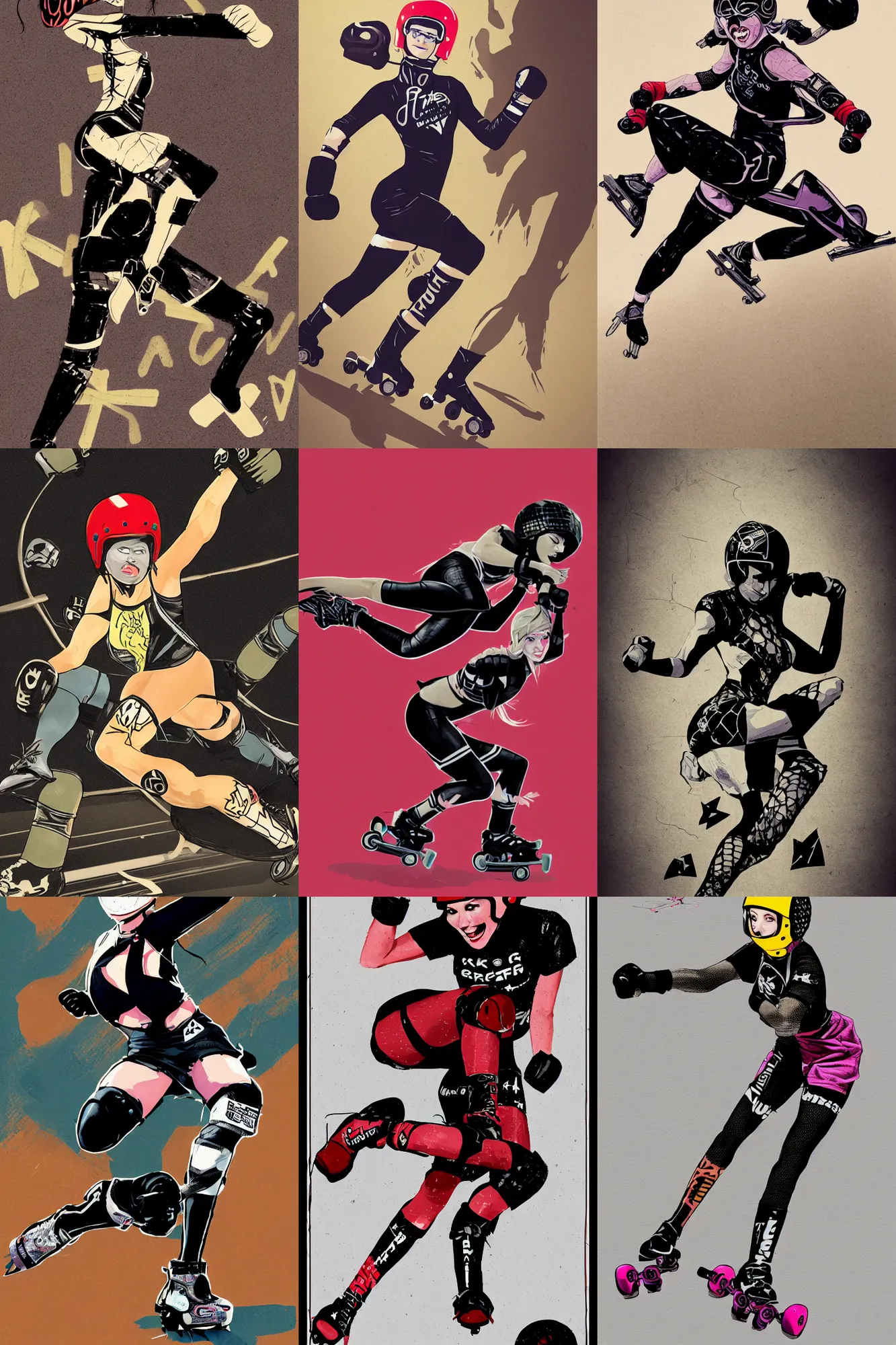 Image similar to logo design, roller derby girl sprinting Cross-Over, wearing skate helmet, knee pads, elbow pads,full length portrait, fishnet tights, torn, ripped, fists in the air, illustration by Eduardo Risso and greg rutkowski