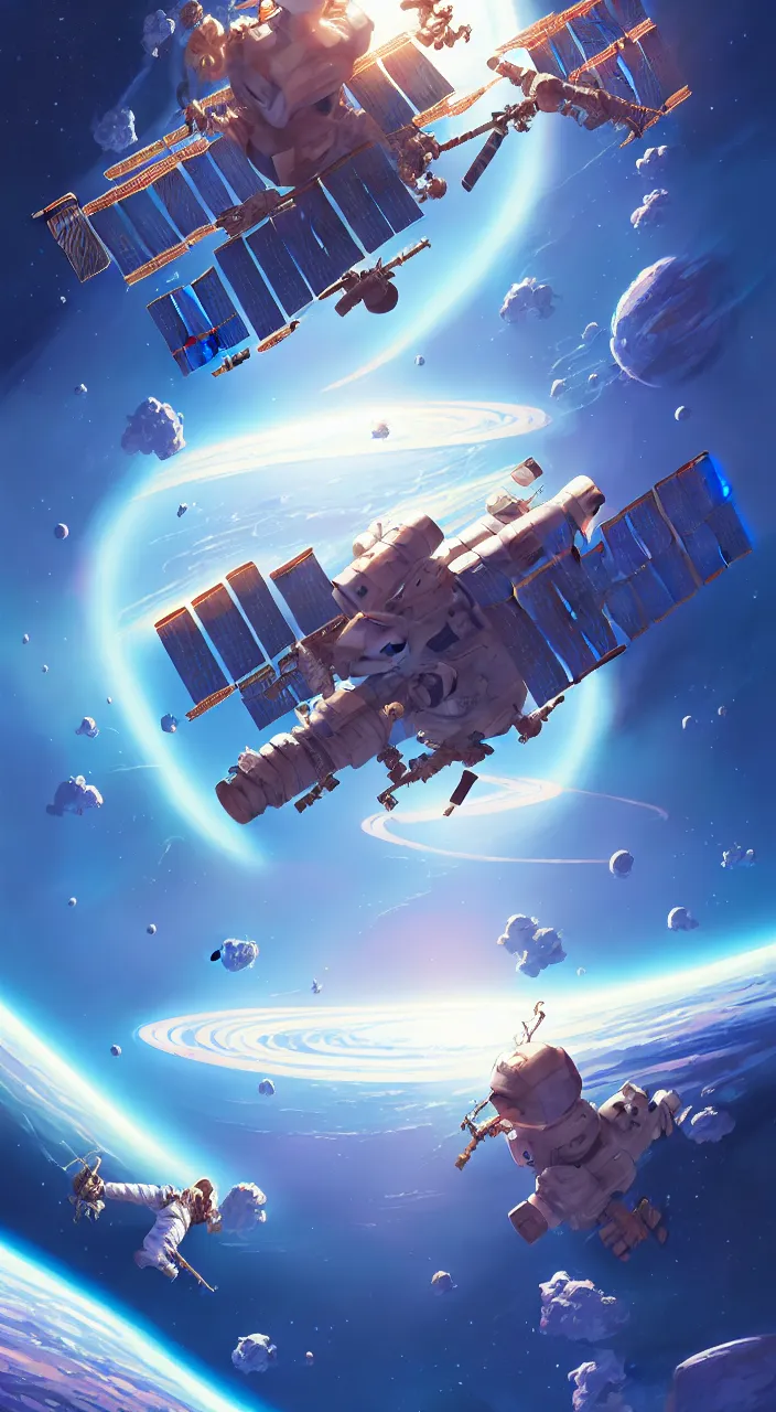 Image similar to international space station orbiting earth, in marble incrusted of legends official fanart behance hd by jesper ejsing, by rhads, makoto shinkai and lois van baarle, ilya kuvshinov, rossdraws global illumination