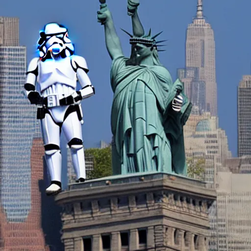 Image similar to storm troopers standing on top of the statue liberty in new york