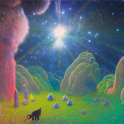 Image similar to psychedelic small cats hidden lush pine forest, outer space, milky way, designed by arnold bocklin, jules bastien - lepage, tarsila do amaral, wayne barlowe and gustave baumann, cheval michael, trending on artstation, star, sharp focus, colorful refracted sparkles and lines, soft light, 8 k 4 k