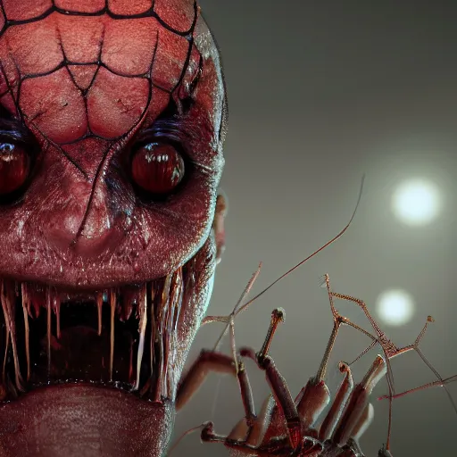 Image similar to man terrified as spiders and centipedes crawl out of his eyes and mouth, ultra realistic, horror, hyper detailed, sharp focus, ray tracing, terrifying, horrifying, octane render