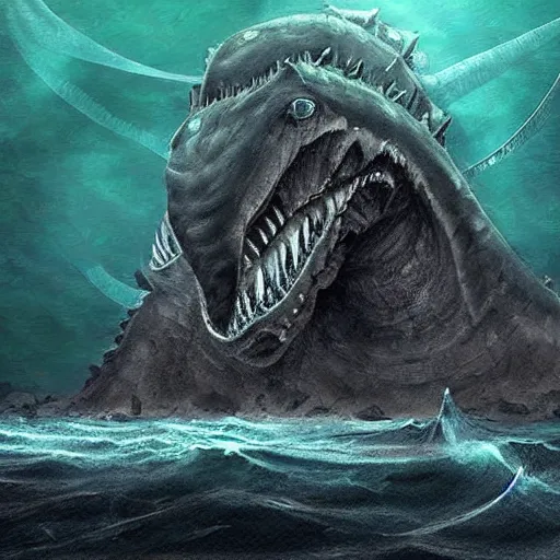 Image similar to Giant ancient Leviathan creature the size of a ship at the bottom of the ocean next to a sunken cargo ship, dark, creepy, digital art