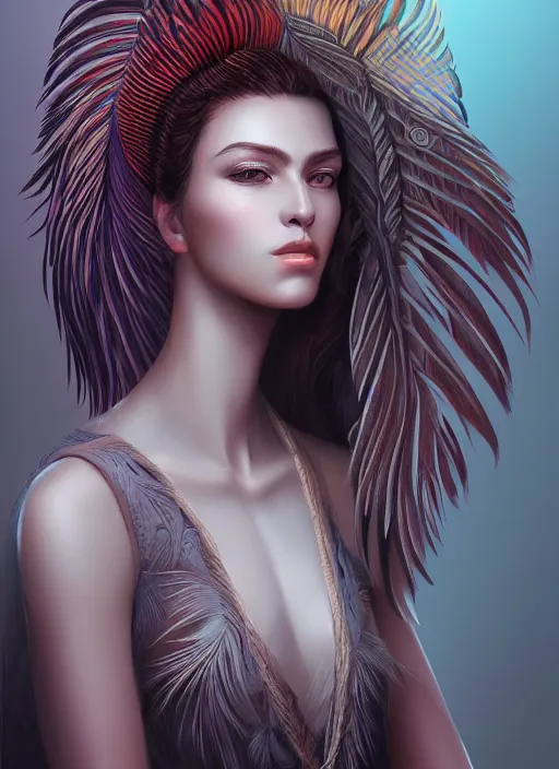 Image similar to portrait of female, quetzal feathers, intricate, elegant, highly detailed, digital painting, artstation, concept art, smooth, sharp focus, illustration