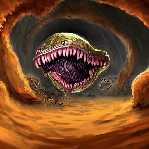 Image similar to a mimic jumping out of it's disguise as a basketball inside of a cave gnarling it's teeth ready to attack, fantasy, digital painting