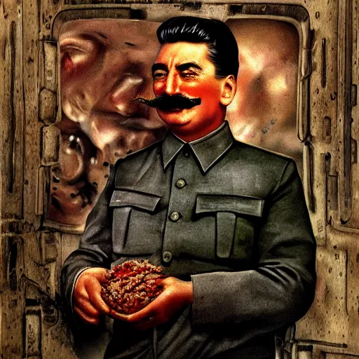 Image similar to josef stalin is eating children brutally, photo - realistic, color image, 2 k, highly detailed, by giger