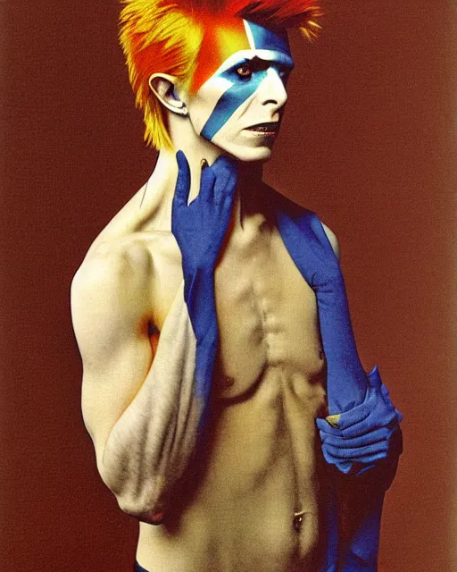 Image similar to david bowie as ziggy stardust by jean auguste dominique ingres, labyrinthine, sacred, mystical