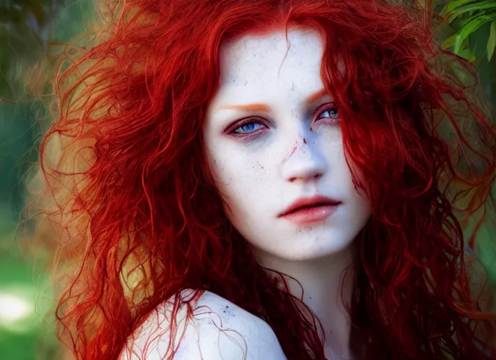 Image similar to award winning 5 5 mm close up face portrait photo of an anesthetic redhead with blood - red wavy hair and intricate eyes that look like gems, in a park by luis royo