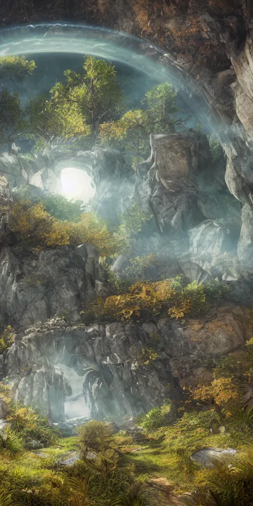 Image similar to a celestial portal in the middle of the mountains to another world, foliage, realistic, unreal engine,