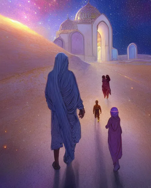 Image similar to bedouin man and woman and child in galaxy walking towards mosque surrounded by nebula, highly detailed, gold filigree, romantic storybook fantasy, soft cinematic lighting, award, disney concept art watercolor illustration by mandy jurgens and alphonse mucha and alena aenami, pastel color palette, featured on artstation