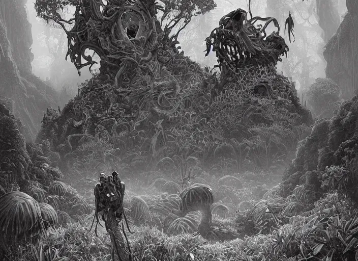 Prompt: surreal line art by greg rutkowski and naranbaatar ganbold!, a lot of jungle flowers and exotic plants + toxic mushrooms + rat skull + long grass + mystic fog, 5 0's vintage sci - fi style, rule of third!!!!, ultrafine hyperdetailed, generative art, black and white, isometric view!!!!