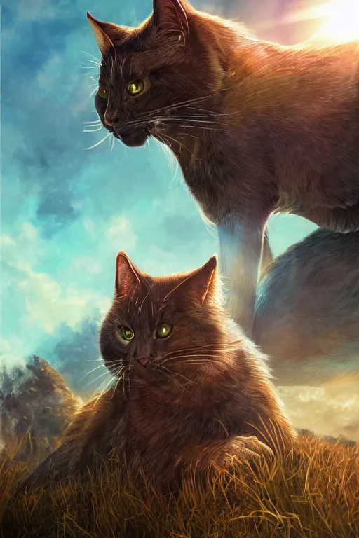 Image similar to a book cover for warrior cats by wayne mclouglin, depth of field, sun flare, hyper realistic, very detailed, backlighting, trending on artstation