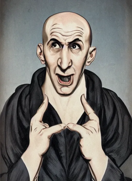 Prompt: portrait of glamorous bald medieval man with big nose and annoyed gesture,look of hate, threatening pose, 1940s propaganda poster, full hd,highly detailed