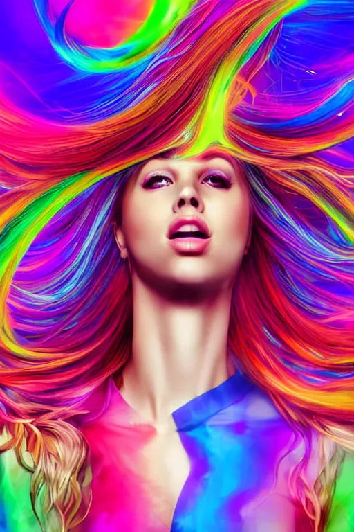 Image similar to a award winning half body portrait of a beautiful woman with stunning eyes in a croptop and leggings with rainbow colored ombre hairstyle head in motion and hair flying while dancing by thomas danthony, surrounded by whirling illuminated lines, outrun, vaporware, shaded flat illustration, digital art, trending on artstation, highly detailed, fine detail, intricate