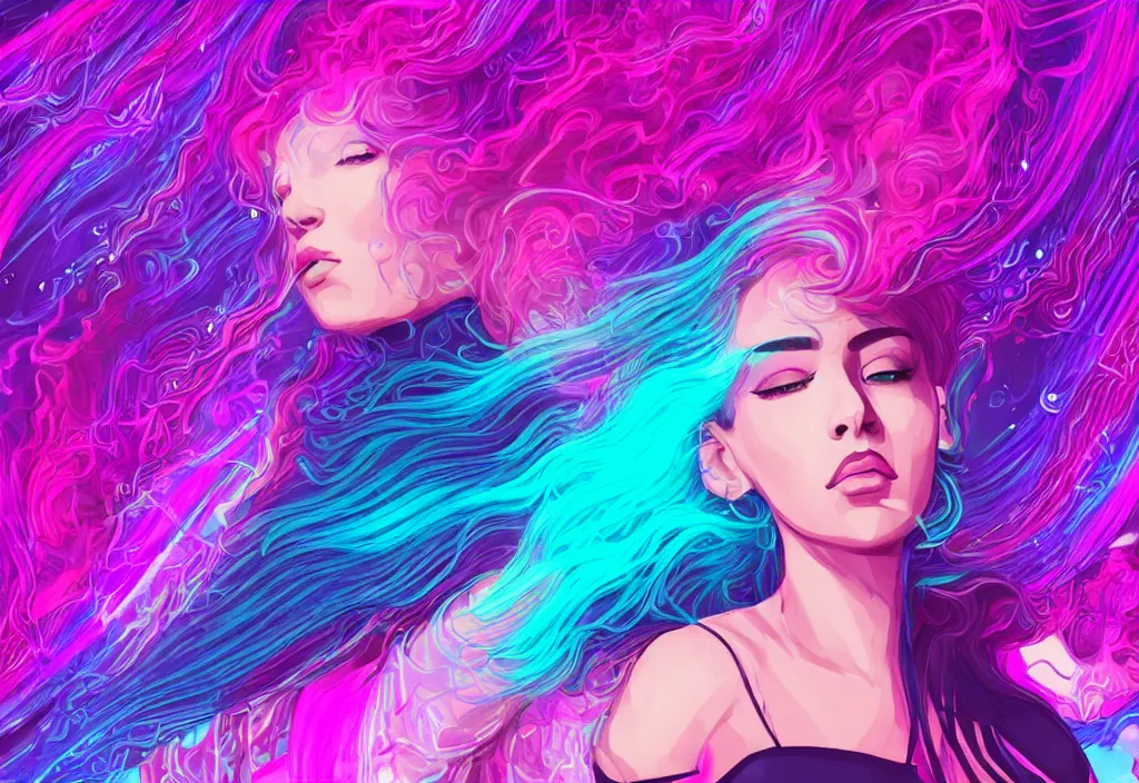 Prompt: a award winning half body portrait of a beautiful woman in a croptop and cargo pants with ombre purple pink teal hairstyle surrounded by whirling illuminated lines, outrun, vaporware, shaded flat illustration, digital art, trending on artstation, highly detailed, fine detail, intricate sensual