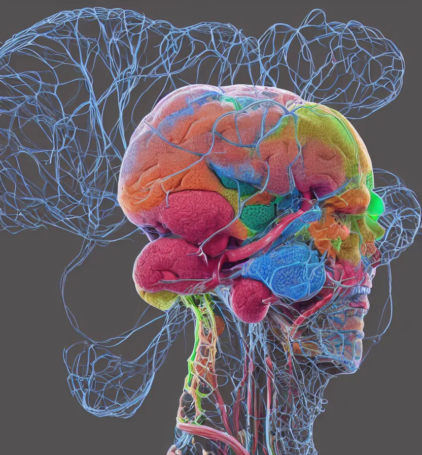 Prompt: 3 d model of anatomically correct human brain in profile, tendrils of colorful light, unreal engine, artstation, photorealistic, octane render, scifi