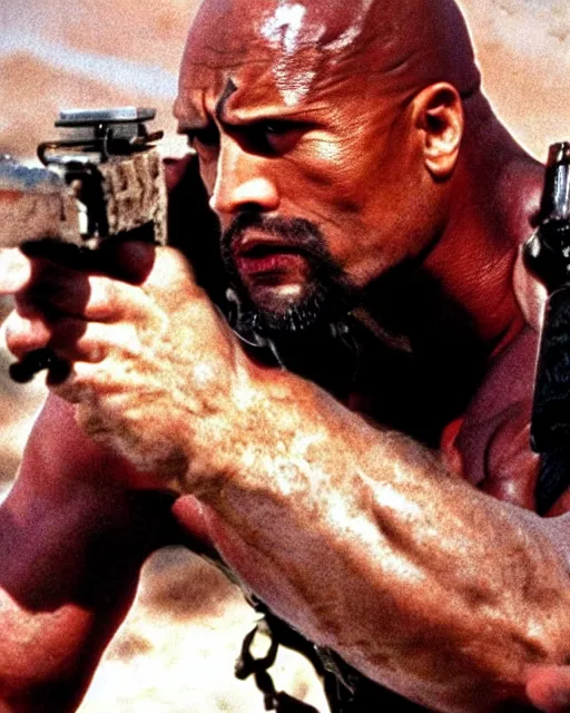 Image similar to film still close up shot of dwayne johnson in the movie mad max 2 the road warrior. photographic, photography