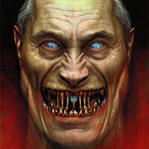 Image similar to vladimir putin, is evil orc, rotten teeth, horror, macabre by donato giancola and greg rutkowski and wayne barlow and zdzisław beksinski, realistic face, digital art