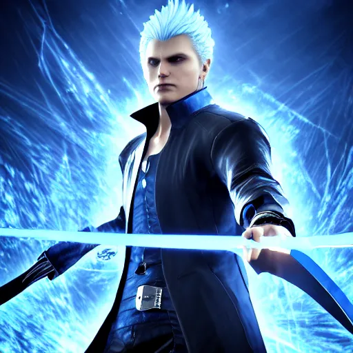 Vergil, the stoic demon hunter from devil may cry 5, amidst an ethereal  blue aura