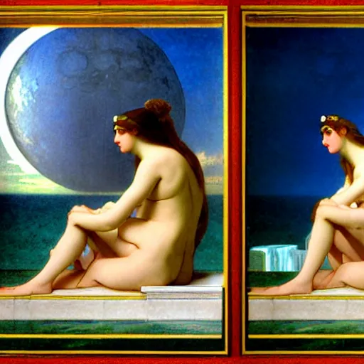 Image similar to Moon girl at the palace, thunderstorm, greek pool, beach and palm trees on the background major arcana sky, by paul delaroche, alphonse mucha and arnold böcklin arnold böcklin hyperrealistic 8k, very detailed