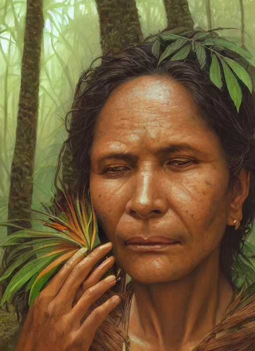 Image similar to a beautiful close up portrait of an indigenous woman holding medicinal plants in the jungle, highly detailed, art by christophe vacher