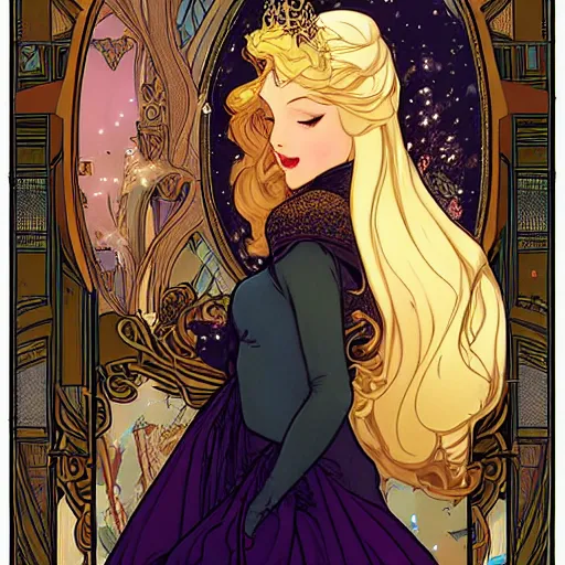 Prompt: sleeping beauty aurora with champagne. art by mucha and wlop