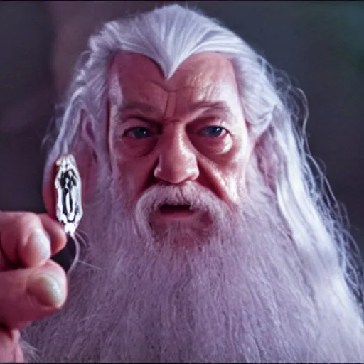 Image similar to portrait of gandalf the pink, pink bowtie in his hair, holding a blank playing card up to the camera, movie still from the lord of the rings