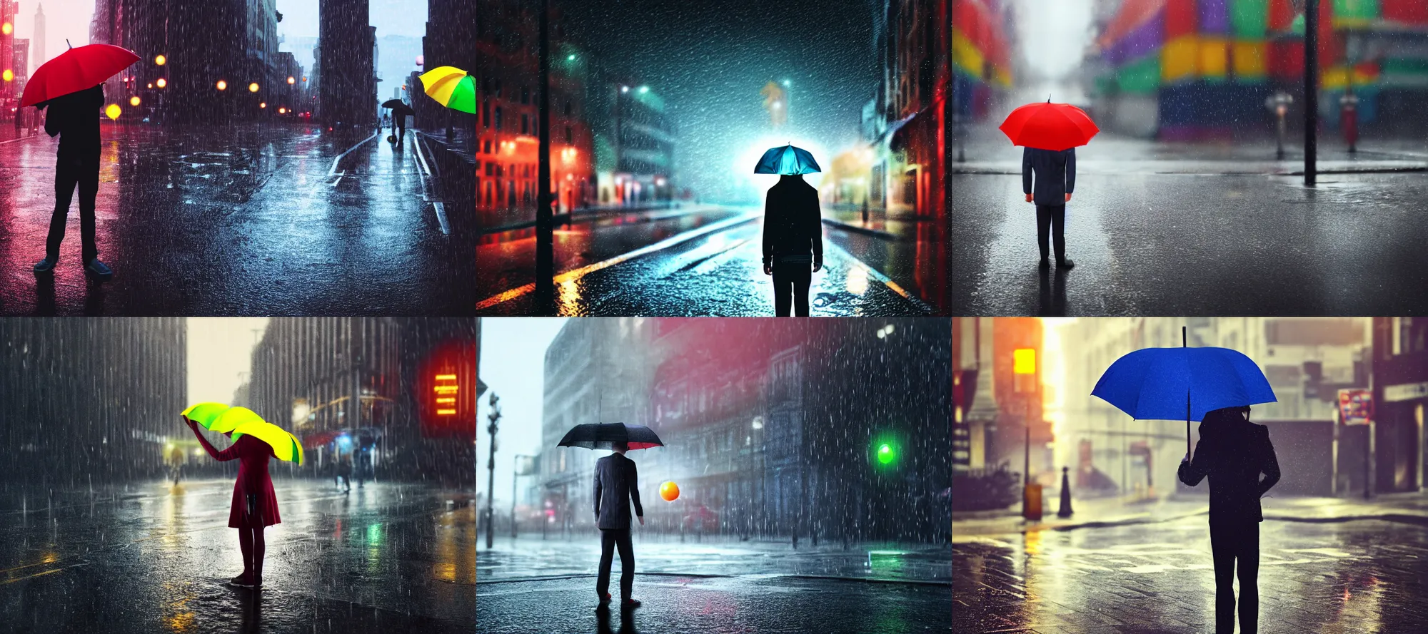 Prompt: a person standing on a street corner holding an umbrella, raining Skittles, hyper realism, detailed, 4K, cinematic light, low angle, bokeh, unreal engine