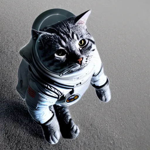 Image similar to a picture of a grey tabby cat wearing an astronaut suit, standing in the moon. Highly detailed . 4k