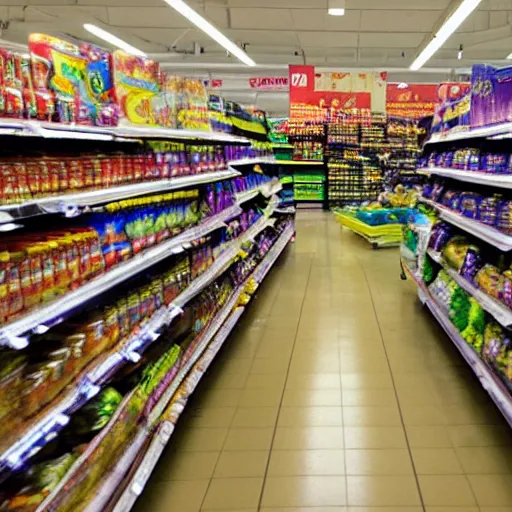 Image similar to supermarket aisles, fisheye lens, color, fluorescent lighting,