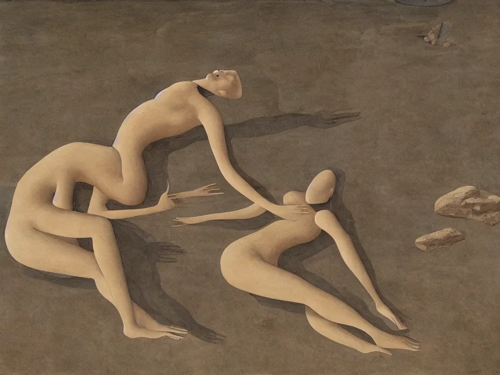 Image similar to Elongated woman sculpted by Henri Moore taking a bath in a river that crosses the streets of a deserted, brutalist city that now fills with dust, sand, smoke. Blighted thujas. Painting by Piero della Francesca, Morandi, Alex Colville