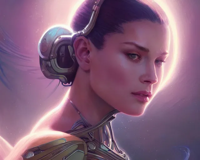 Image similar to scifi woman, deep focus, fantasy, intricate, elegant, highly detailed, digital painting, artstation, concept art, matte, sharp focus, illustration, some reflexions, hearthstone, photorealism, soft volumetric lights, art by moebius and artgerm and greg rutkowski and alphonse mucha