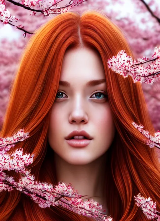 Image similar to photo of a gorgeous female with auburn hair in the style of stefan kostic, realistic, half body shot, sharp focus, 8 k high definition, insanely detailed, intricate, elegant, art by stanley lau and artgerm, extreme blur cherry blossoms background