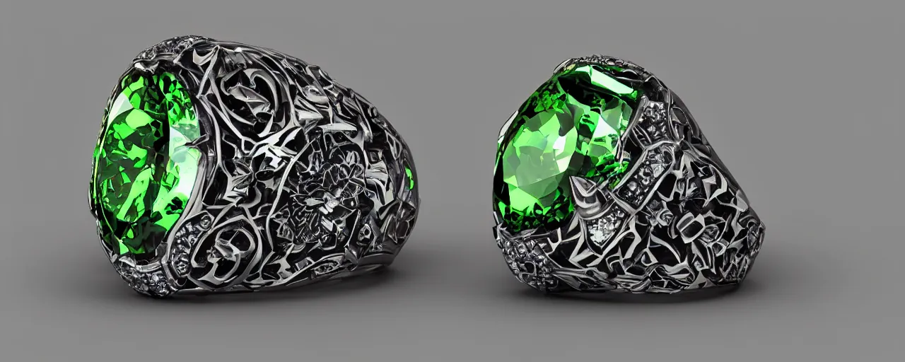 Prompt: simple magic crystal ring of poison, radiant cut, skull, skulls, green, black, purple. smooth shank, setting, prongs, crystal, engravings, diamonds, product design, jewelry, gold, silver, colorful, art by gerald brom, greg rutkowski and artgerm, photo realism, unreal engine, c 4 d