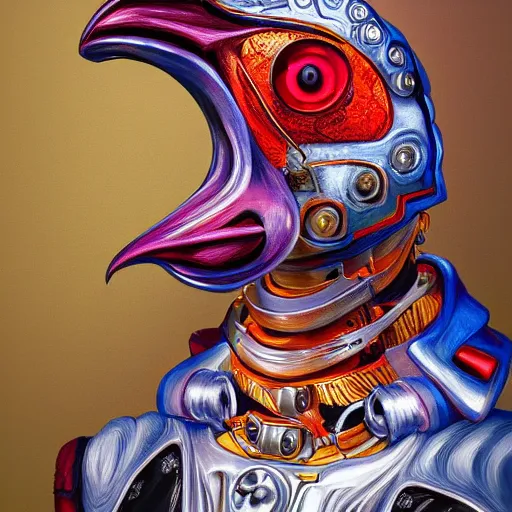 Prompt: a portrait of a robot rooster using a hoodie, surreal, LSD, face, detailed, intricate, elegant, lithe, highly detailed, digital painting, artstation, concept art, smooth, sharp focus, illustration, art by Jason Edmiston