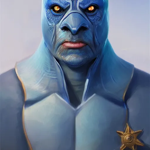 Image similar to blue skin half shark half man wearing robes, naval background, fantasy, D&D, portrait, piercing stare, highly detailed, high detailed face, digital painting, HD, artstation, concept art, matte, sharp focus, illustration, art by artgerm and greg rutkowski