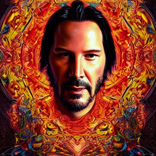 Prompt: portrait of keanu reeves, hyper detailed masterpiece, neon floral pattern, jean giraud, digital art painting, darkwave goth aesthetic, psychedelic, artgerm, donato giancola and tom bagshaw